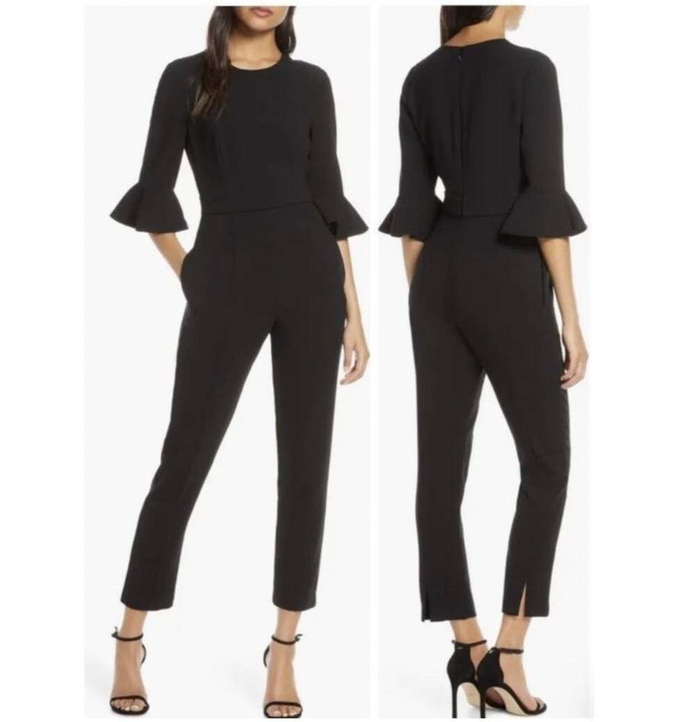 Black Halo Brooklyn Jumpsuit Ruffle 3/4 Bell Sleeve Straight Leg Formal Black